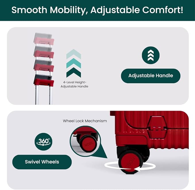 Nobl Travel Carry On Luggage, Noble Zipperless Aluminum Frame PC Hard Shell Suitcase, 20.8"x15"x8.7" Airline Approved, 360° Spinner Wheels, TSA Locks, USB Charging Port & Phone Holder - Cherry Red