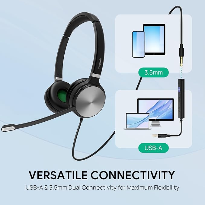 Yealink UH36 Professional USB Headset Wired Headphones for Work Calls and Music, Headset with Noise Cancelling Mic for Computer PC Laptop（UC Compatible, Mono,3.5mm Jack/USB Connection）