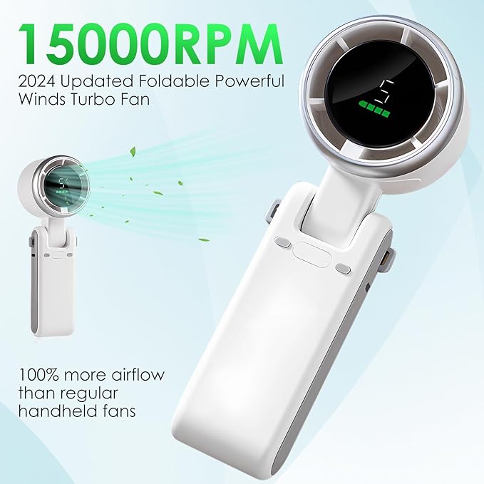 Portable Handheld Mini Turbo Fan, USB Rechargeable Travel Neck Fan with 5 Speeds, 3600mAh Battery & 15000RPM Speed, Up to 12 Working Hours, 3 IN 1 Foldable Personal Cooling Fan for Travel/Home/Office