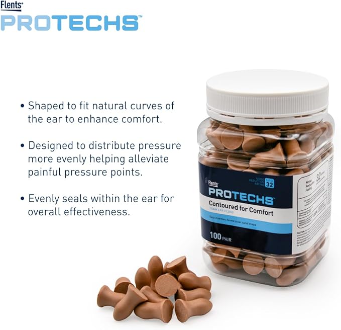 Flents Protechs Foam Ear Plugs, Contoured for Comfort, Ideal for Work with Loud Noise, Heavy Machinery, Construction, Studying & Traveling, NRR 32, Beige, Easy to Use, Made in The USA, 100 Pair