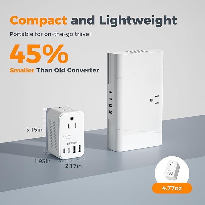 TESSAN 220 to 110 Voltage Converter US to Europe, International Travel Power Adapter with 4 USB Ports(2 USB C), 2 AC and EU/UK/AU Plug Universal Power Converter Adapter Combo, Step Down Transformer