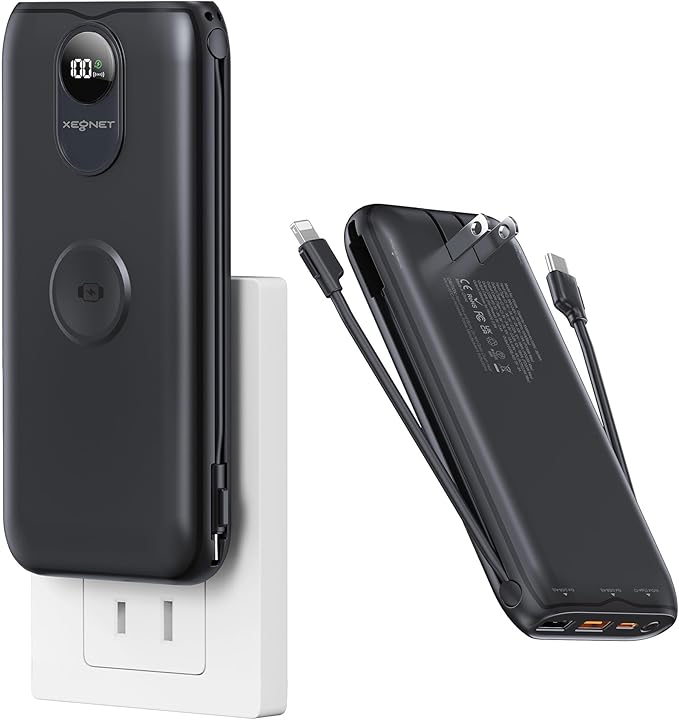 Portable Charger, 10000mAh 22.5W Fast Charging Power Bank with Built in Cable & Wall Plug, Travel Essential Battery Pack with LED Display, External Charger for iPhone, iWatch 11/10/9/8/Ultra/SE Black