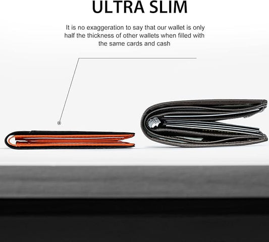 GSOIAX Slim Wallet for Men Rfid Blocking Leather Bifold Front Pocket Carbon Fiber Credit Card Holder With Gift Box (Carbon Black and Orange)