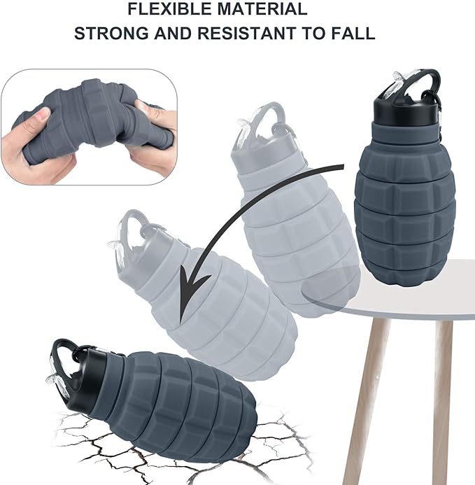 QiCheng&LYS 19.5oz Collapsible Travel Water Bottle, Reuseable BPA Free Silicone Foldable Water Bottles for Travel Gym Camping Hiking, Portable Leak Proof Sports Water Bottle with Carabiner(Gray)