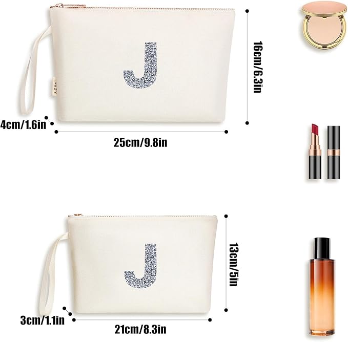 A-Z BAG 2pcs Personalised Makeup Bag Set, Canvas Cosmetic Bag with Rhinestone Initial, Birthday Gifts for Women (J, Beige)