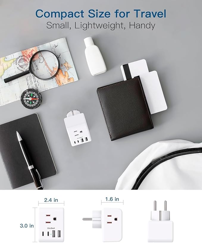 2 Pack Germany France Travel Plug Adapter with 3 Outlets 4 USB Charging Ports(2 USB C), Type E/F International Power Adapter, Travel Essentials US to Europe France Germany South Korea Netherlands