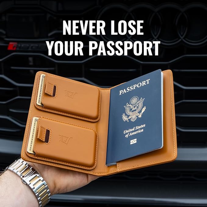 Kings Loot Passport Holder Wallet – RFID Blocking Leather Travel Wallet with Built-in Airtag Holder – Holds 1-6 Cards & Passport – Easy Pull Tab – Slim & Stylish Wallets (Cognac/Engraved)