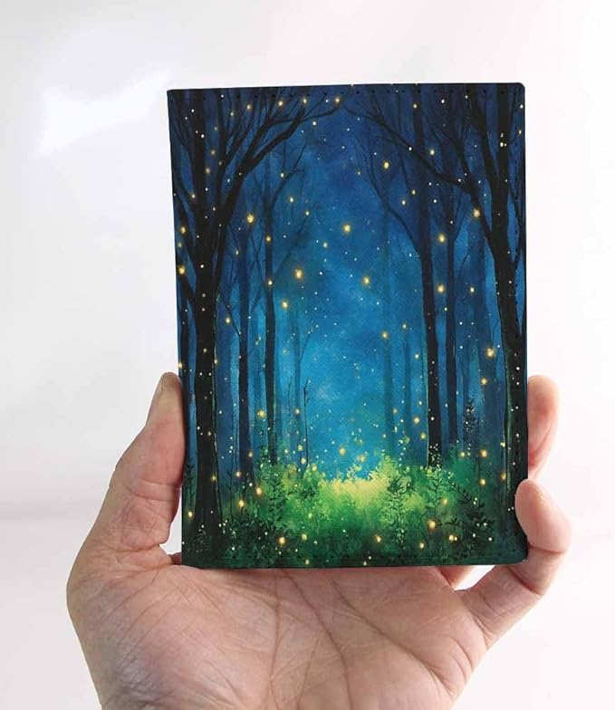 Fairytale Bamboo Passport Holder for Travel Trees Surrounded By Fireflies In the Night PU Leather Passport Cover Wallet Cute Passport Card Holder for Women and Men