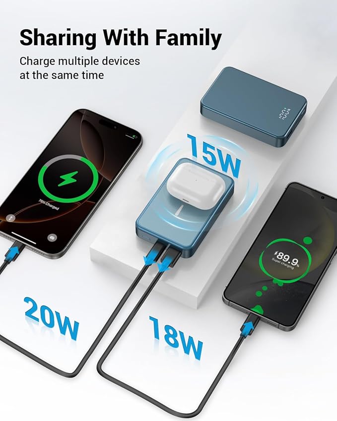 Magnetic Power Bank 26800mAh for Magsafe Portable Charger, Aluminum Alloy Large Capacity 20W USB-C in&Out Wireless Fast Charging for iPhone17Pro Max/16/15/14/13/12 Series, Blue