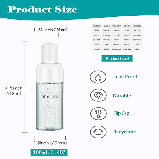 Toiletry Travel Bottles for Men Women, 3.4oz/100ml Refillable Plastic Containers with TSA Approved Toiletry Bag - Clear Cosmetic Kit for Shampoo, Conditioner, Lotion and Travel Essential(4Pack, Black)