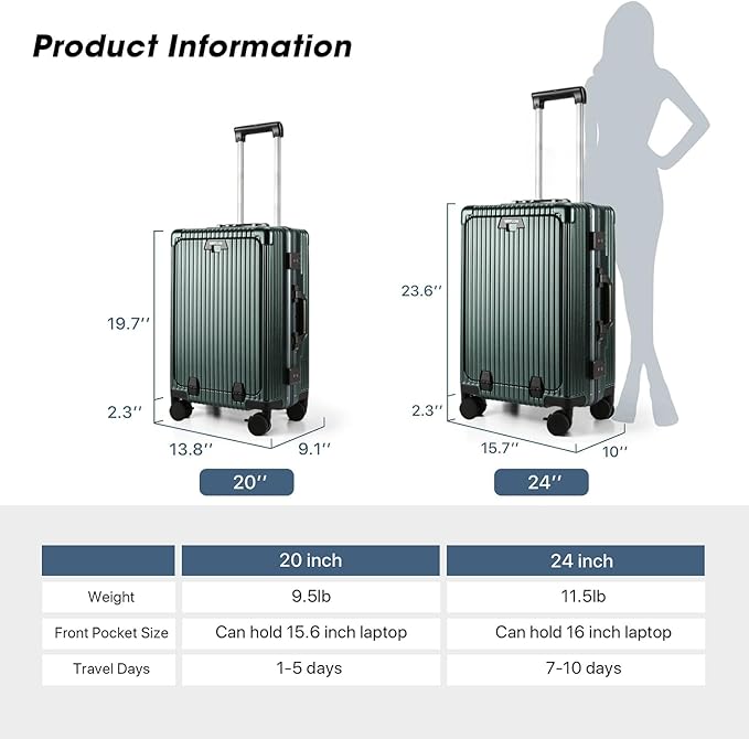 MRPLUM Front Pocket Carry On Luggage,PC Hardside Spinner Wheel Suitcase with TSA Lock,Cup Holder,Phone Holder&USB Charging Port,Dark Green(1 Piece)