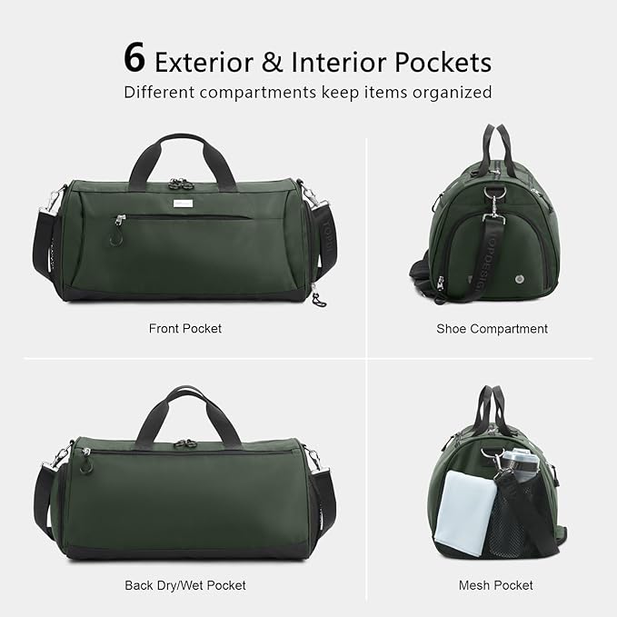 TOPDesign Gym Bag for Women & Men, Unisex Duffel Bag with Shoe Compartment & Wet Pocket for Travel Sports Gym (L Green)