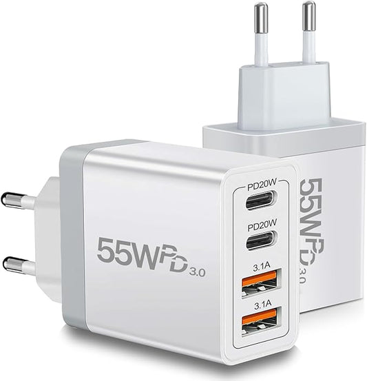 European USB C Charger 2 Pack, 55W European Travel Plug Adapter 4-Port Fast Charger Type C Wall Charger USA to Europe Plug Adaptor for iPhone 17 16 15 14 13 12 11 Pro Max X 8, Galaxy, Android