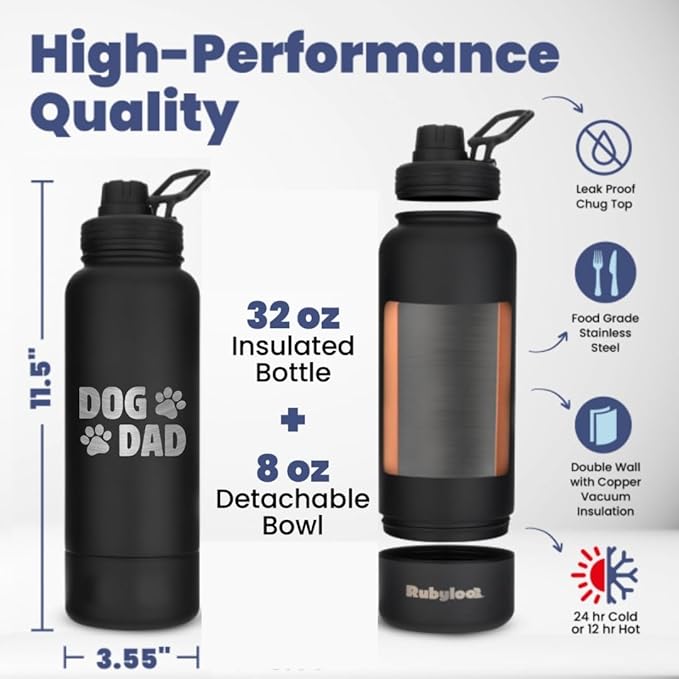Dog Dad Water Bottle – 32 oz Stainless Steel Double Wall Insulated with 8 oz Detachable Bowl on Bottom – Cool Dog Dad Gifts for Men for Christmas, Birthdays or Gift from The Doggy – DD Black