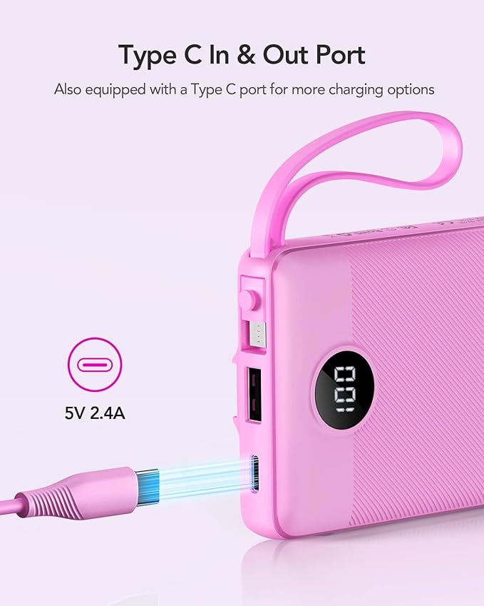 VRURC Portable Charger 10000mAh, Travel Essentials Battery Pack, 5 Output 2 Input Power Bank, Built-in Micro & USB C Cables Phone Charger Compatible with iPhone,Samsung,Android-Purple(1 Pack)