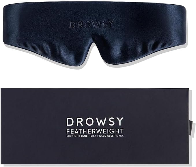 Drowsy Featherweight Silk Sleep Mask – Luxury Blackout Eye Mask for Sleeping & Travel, 100% Mulberry Silk, Lightweight Comfort, Adjustable Strap, Protects Skin & Hair - Midnight Blue