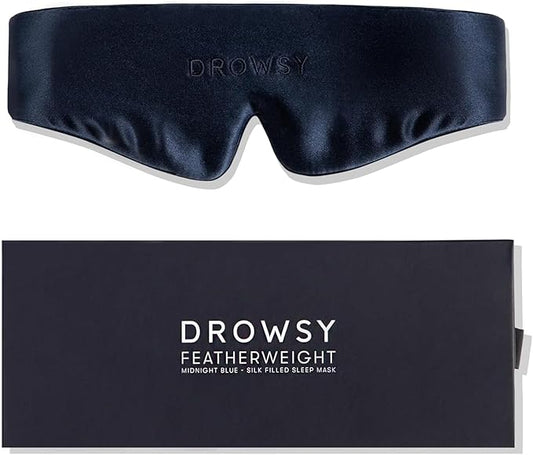 Drowsy Featherweight Silk Sleep Mask – Luxury Blackout Eye Mask for Sleeping & Travel, 100% Mulberry Silk, Lightweight Comfort, Adjustable Strap, Protects Skin & Hair - Midnight Blue