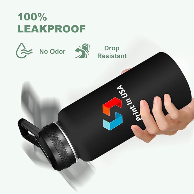 Personalized Custom Print in USA Water Bottle 32oz Stainless Steel Double Wall Coffee Cup with Lid & Straw Insulated Tumbler with Colorful Text Logo Photo