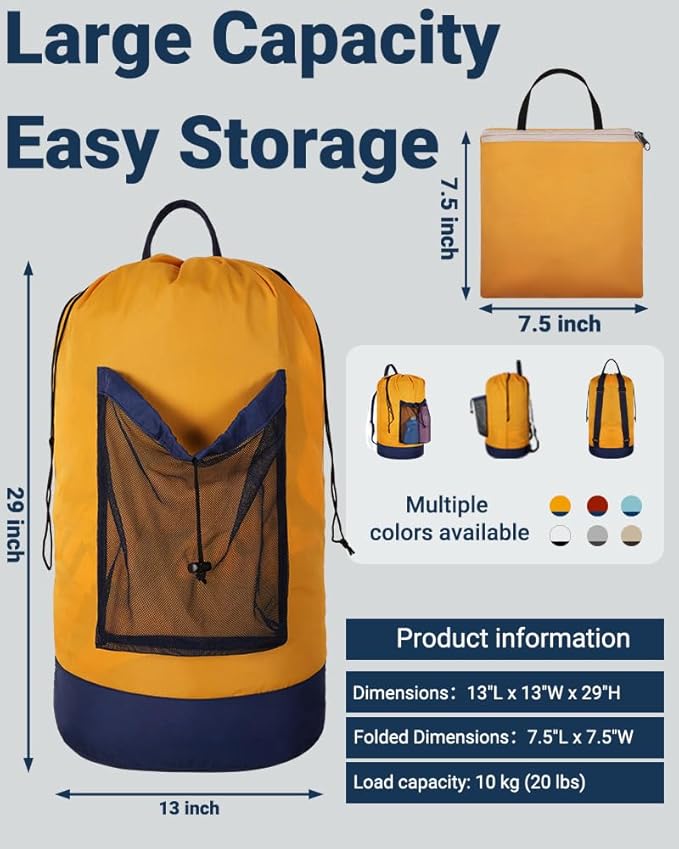 Laundry Bag with Shoulder Straps and Mesh Pocket Laundry Backpack Large Portable Laundry Hamper for College Laundromat Apartment