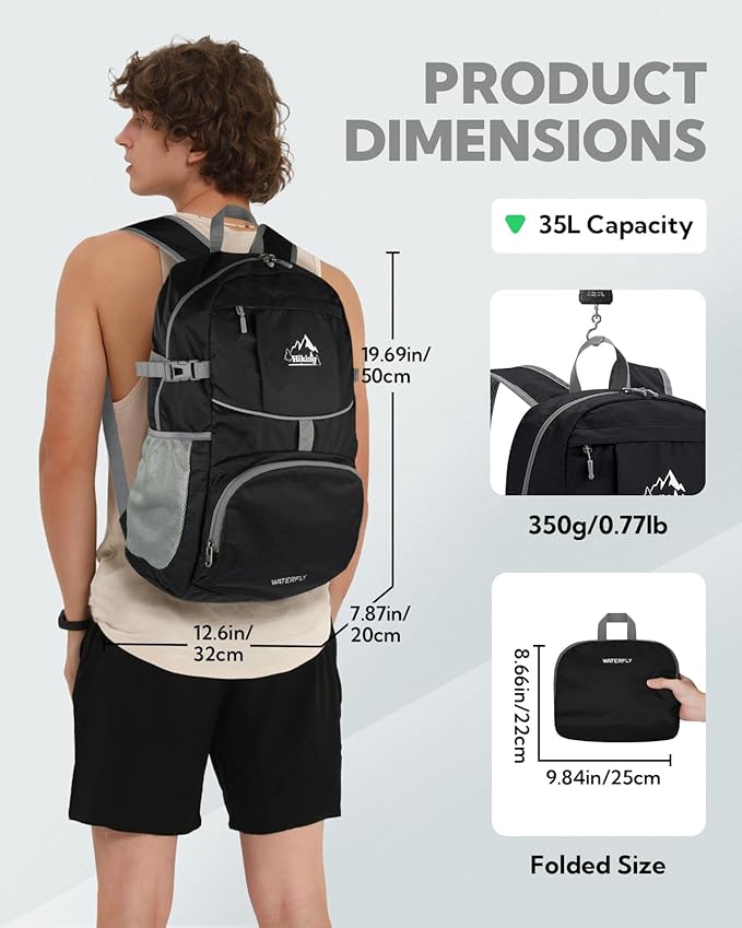 WATERFLY Hiking Packable Daypack Backpack: 35L Ultra Lightweight Day Pack for Woman Man - Large Compact Folding Back Pack for Outdoor Sport Cycling Camping Travel Trip - Black