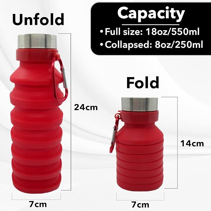 Collapsible Water Bottle (Red) Reusable, BPA Free, Silicone, Foldable Portable & Leak Proof - Water Bottles for Travel Gym Camping Hiking - Sports Water Bottle with Carabiner