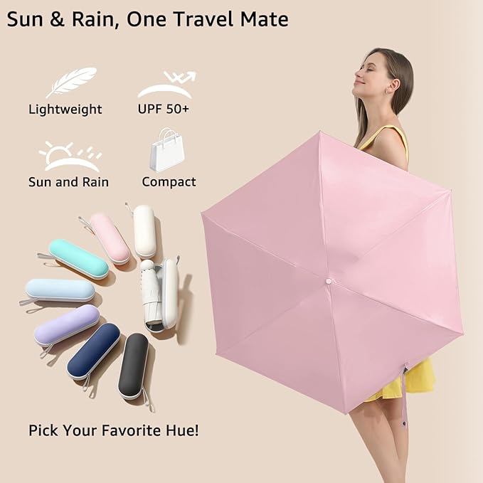 BAODINI Travel Essentials Mini Umbrella for Purse With Case Small Compact UV Sun Protection Lightweight Tiny Pocket Manual Open Close Umbrella for Women Kids and Men Fit Purse Backpack