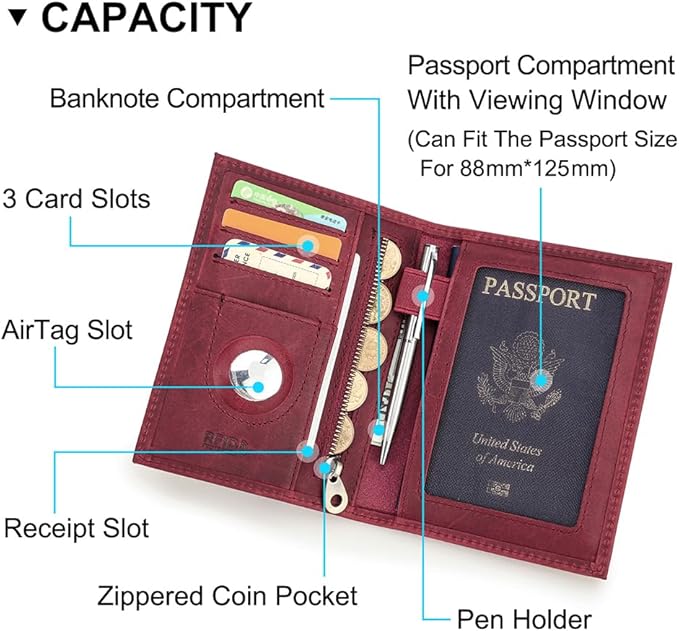 CONTACTS Full Grain Leather Airtag Passport Holder RFID Blocking Travel Passport Wallet Slim Passport Cover Case with 4 Cards Slots, Coin Pocket (Wine Red)