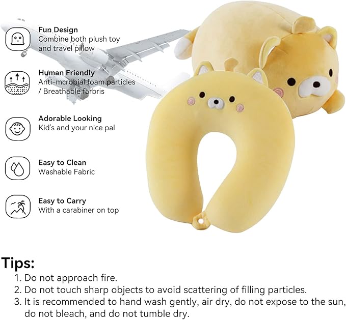 Kids Travel Pillow - 2-in-1 Deformable Kids Neck Pillow for Traveling, Soft U-Shaped Pillow with Adorable Animal Design, Comfy Sleep and Play, Ideal for Airplanes and Cars - Yellow Bear