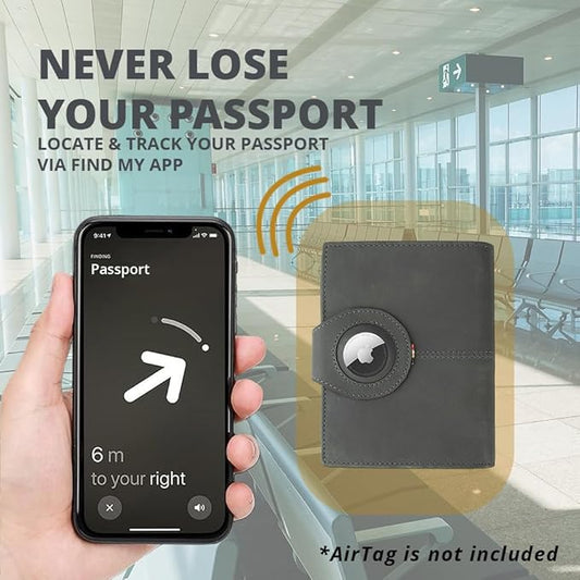 GARZINI Passport Holder with AirTag, Passport Wallet with RFID, Travel Accessories, Travel Document Holder with ID Window, Leather Passport Holder for 7 Cards, Carbon Black
