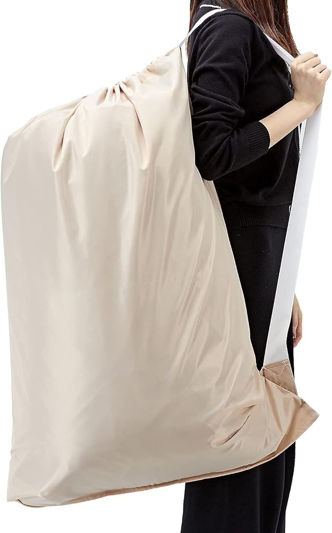 HOMEST XL Nylon Laundry Bag with Strap, Large Dirty Clothes Organizer, Easy Fit a Laundry Hamper or Basket, Can Carry Up to 4 Loads of Laundry, Beige