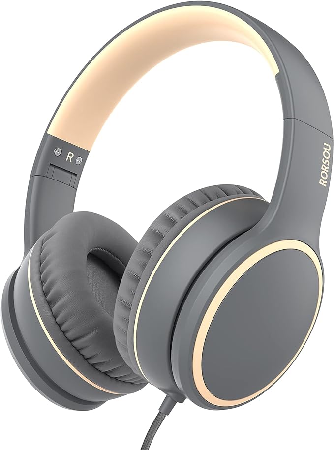 RORSOU R10 Over-Ear Headphones with Microphone, Lightweight Folding Stereo Bass Headset with 1.5M No-Tangle Cord, Portable Wired Headphones for Smartphone Tablet Computer MP3 / 4 (Grey)