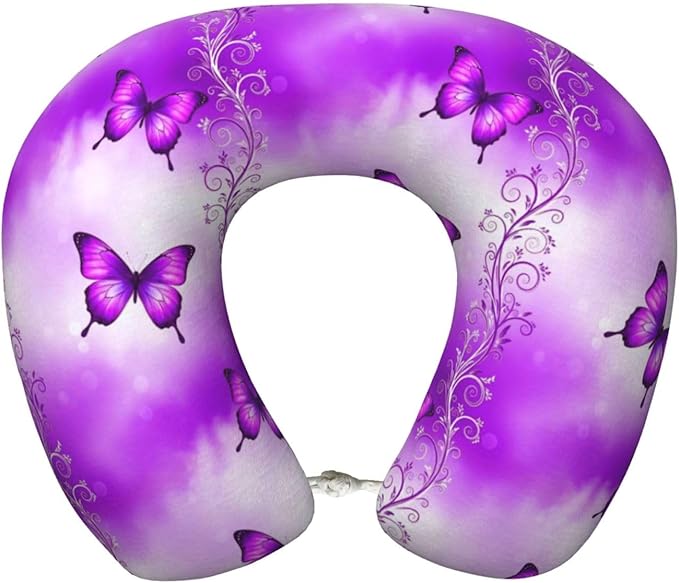 Comfortable Memory Foam Neck Pillow Purple Butterfly Art, Travel U Shaped Airplane/Car/Flight Pillows with Removable Zipper Cover, Chin Head Neck Support Cushion