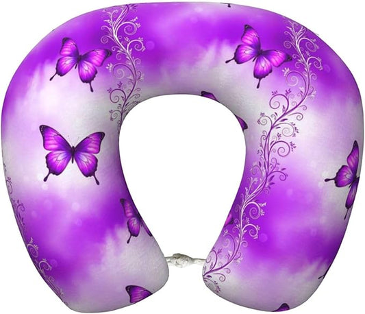 Comfortable Memory Foam Neck Pillow Purple Butterfly Art, Travel U Shaped Airplane/Car/Flight Pillows with Removable Zipper Cover, Chin Head Neck Support Cushion