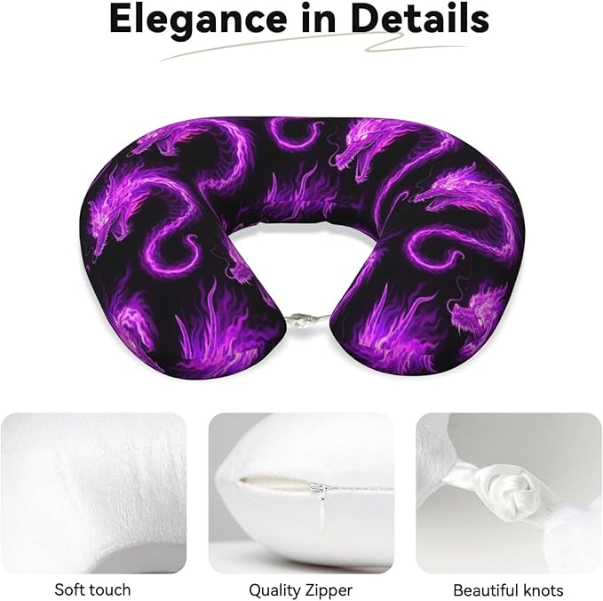 Neck Pillows for Travel Purple Fire Dragon Art, Women and Men Airplane Car Pillow, Neck Support U Shaped Pillow for Rest Pain Relief Sleeping