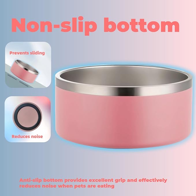 Dog Bowls Medium Sized Dogs-Large Breed 1.9l/64oz Double Layer Stainless Steel Outdoor Dog Water Bowl,Puppy Insulated Food Bowl,with Non-Slip Bottom and 1pc 8oz Food Scoop (Pink, 64 oz)