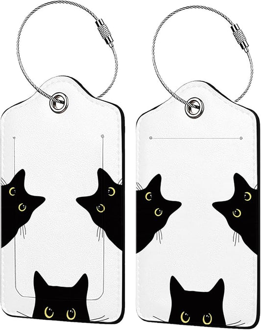 Cat's Gaze 2 Pack Luggage Tag for Suitcase, Cute Unique Leather Bag Tags Identifiers Privacy Cover ID Label with Steel Loop for Women Men Kids Girls Travel