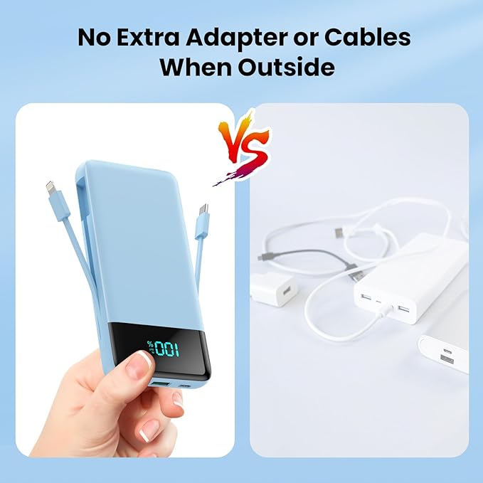 Portable Charger for iPhone,13800mAh Slim Power Bank with Built-in Cables & AC Wall Plug,All in One 4 Outputs USB C Fast Charging Battery Pack Travel Essential for iPhone 17/16/15/14,Android(Sky Blue)