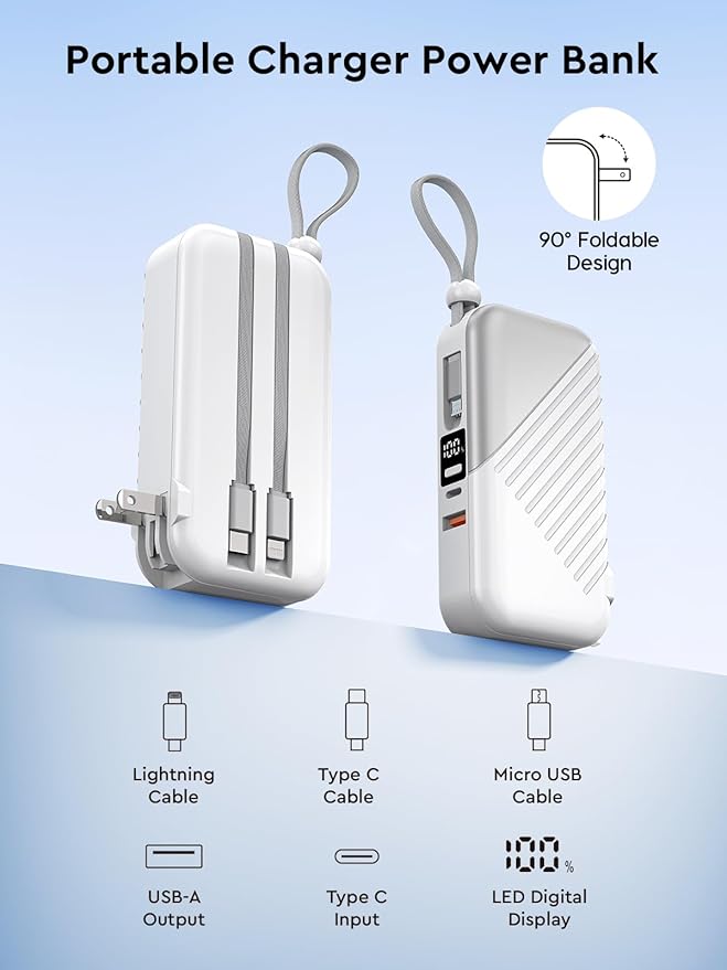 10000mAh Portable Charger Power Bank with Built-in Cable 27W Portable Charger with Wall Plug Portable Cell Phone Charger for iphone Mobile Charger Power Bank for Android Galaxy Android etc, White