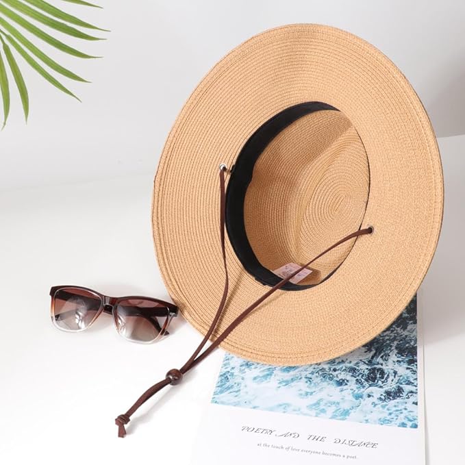 DRESHOW Women Straw Panama Hat Travel Fedora Beach Sun Hat Summer Wide Brim Straw Roll up Hat UPF 50+