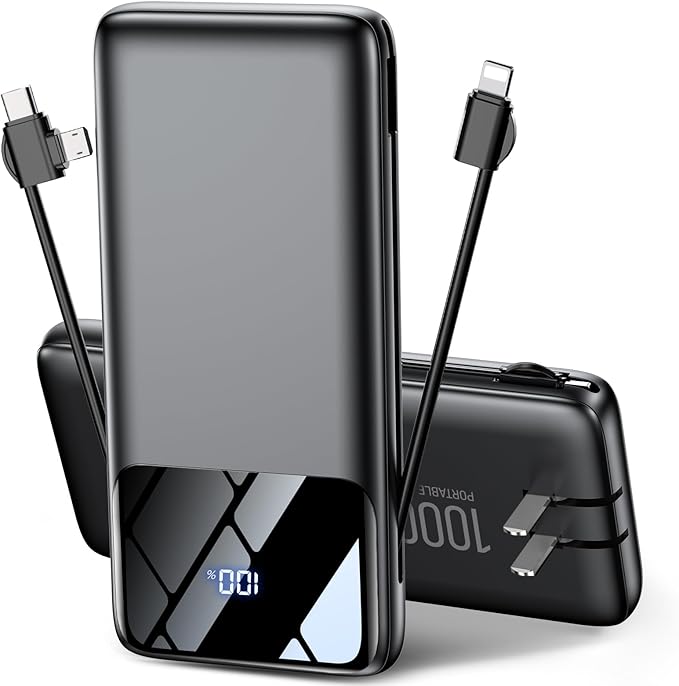 Portable Charger Power Bank with Built-in Cables and Wall Plug, 10000mAh Slim USB-C Battery Pack, 15W Fast Charging Travel Essential Portable Phone Charger Compatible with iPhone, Samsung (Black)