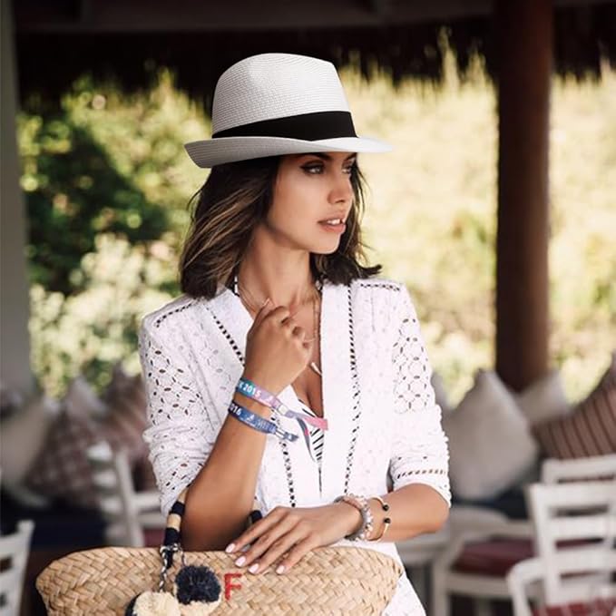 DRESHOW Women Straw Panama Hat Travel Fedora Beach Sun Hat Summer Wide Brim Straw Roll up Hat UPF 50+