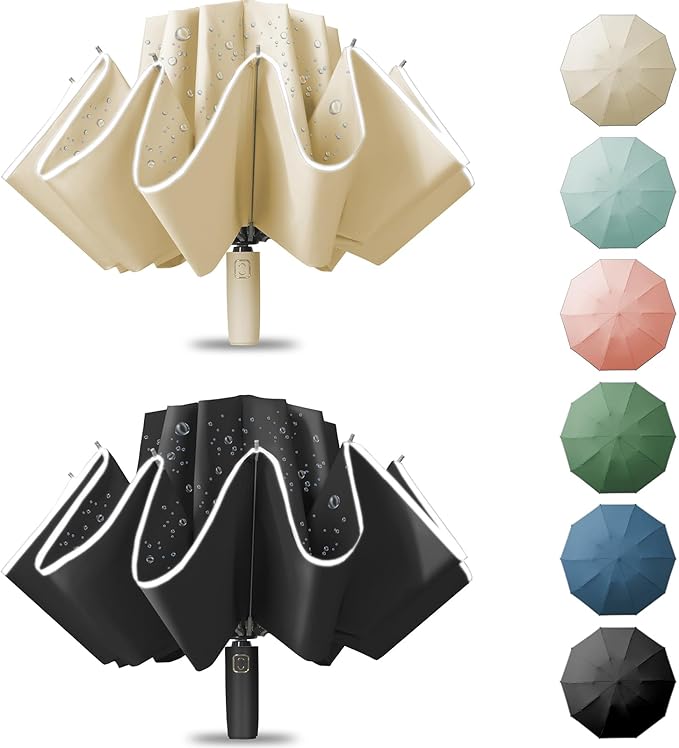 Large Windproof Travel Umbrella, Portable Reverse Folding Car Umbrella, Compact Inverted Design with Waterproof Canopy, Automatic, 10 Durable Ribs, 45.6/13 Inch, Fits Backpack