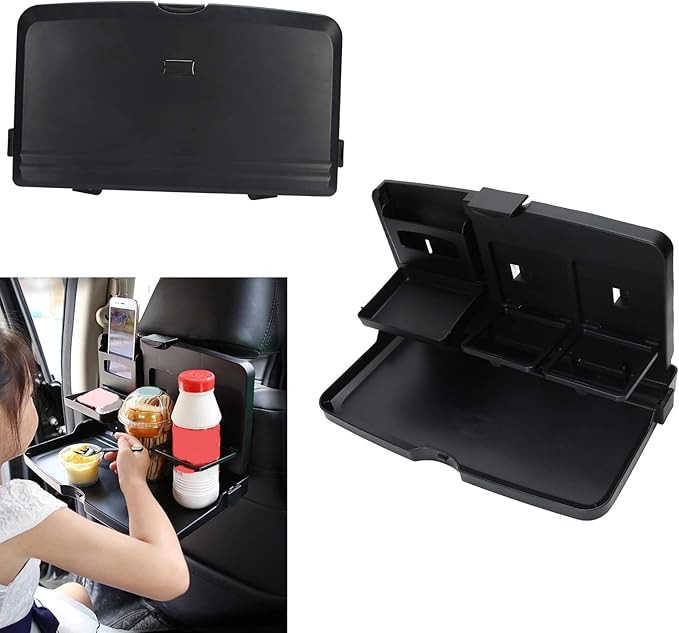 Car Food Tray Multi Functional Portable Folding Car Vehicle Seat Food Meal Snack Tray with Cup Holders and Storage Pocket for Travel Road Trips Plastic Compact Size