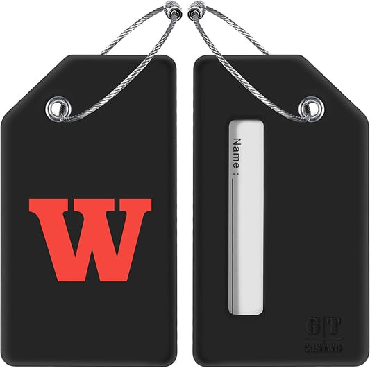 Gostwo 2 Pack Silicone Luggage Tags for Suitcases, 26 Initial Letter Baggage Labels Handbag School Bag Suitcase Instrument Tag with Stainless Steel Loop(Black)(Letter W)