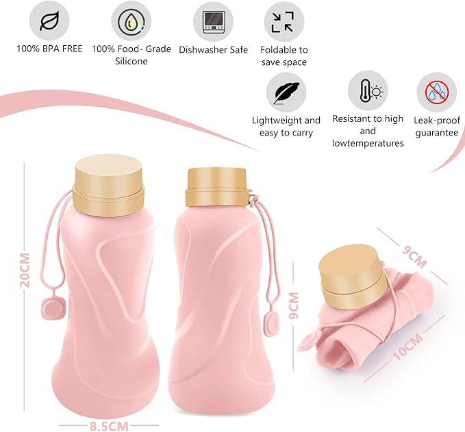 Collapsible Water Bottles,650ml,Leak Proof,Reuseable BPA Free Silicone Foldable Water Bottles,Durable Lightweight for Travel Gym Camping Hiking,Compact Size Portable Sports Water Bottle (Pink)
