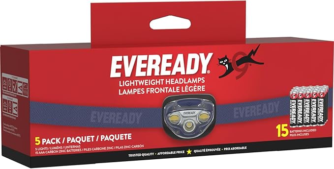 EVEREADY LED Headlamps Pro200 [5-Pack], IPX4 Water Resistant, Bright and Durable Head Lights for Camping, Hiking, Emergency Power Outage (Batteries Included)