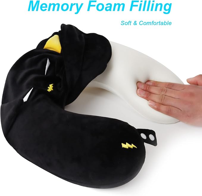 Superhero Travel Pillow for Kids & Adults with Sleep Eye Mask, Memory Foam U-Shaped Neck Pillow with Washable Cover, Soft Head Support Travel Accessories for Airplane Car Train Bus Recline, Black