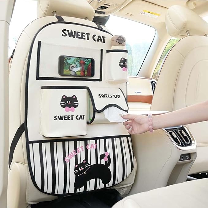 YUNZLAN Leather Backseat Car Organizer, Kick Mats Back Seat Protector with Touch Screen Tablet Holder Back Seat Organizer for Kids with 4 Storage Pockets Travel Accessories (BeigeBlackCat)