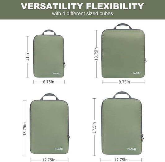 BAGAIL 4 Set/6 Set/8 Set Compression Packing Cubes Travel Accessories Expandable Packing Organizers (Cloth Pattern, 4-Matcha Green)