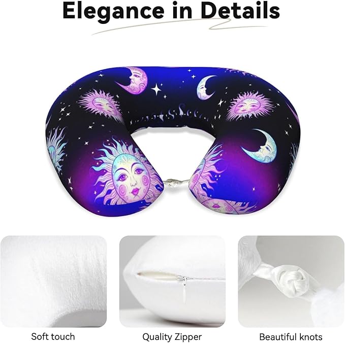 Neck Pillow Memory Foam Travel Pillows Comfortable for Airplane Flight Car Travel Office Nap and Sleeping, Funny Cushion for Head Shoulder Trippy Sun Moon Stars
